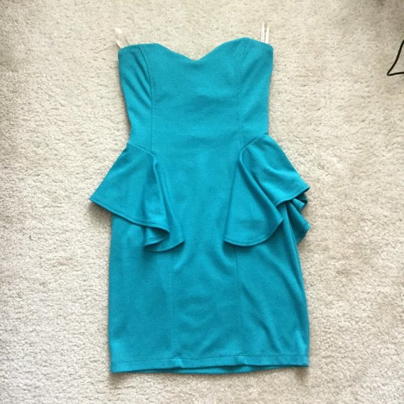 Teal Strapless Peplum Dress, G by Guess - Picture 1 of 5